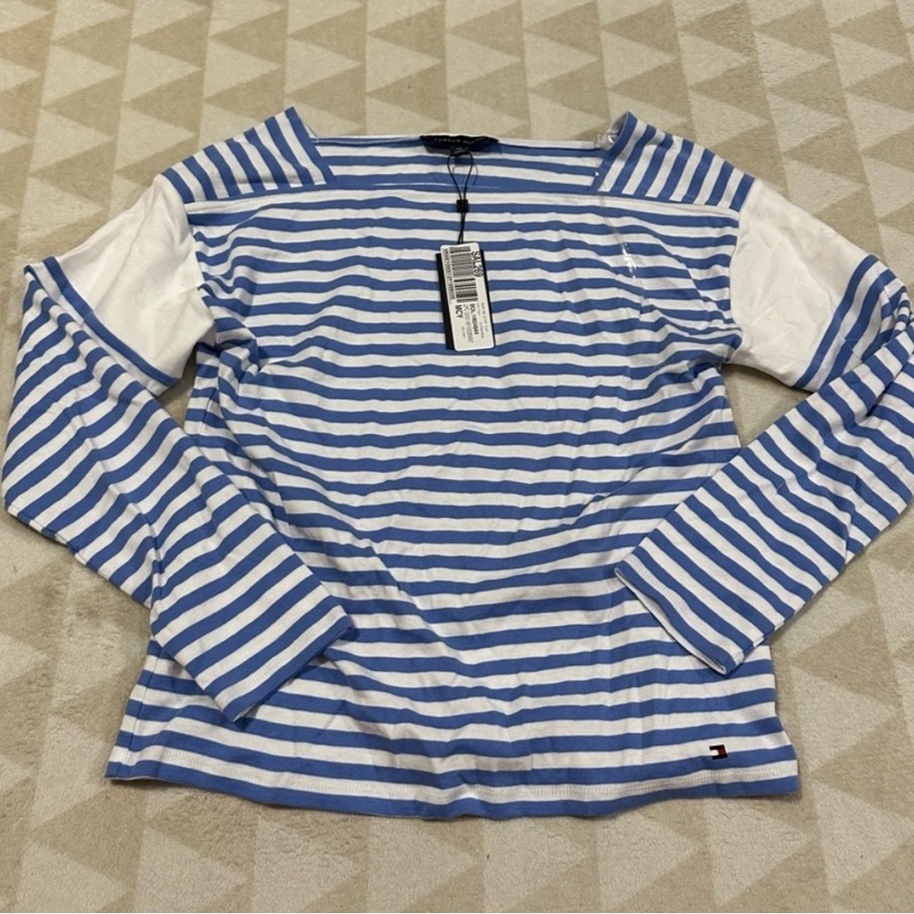 Tommy Hilfiger square neck cotton shirt blue white preppy stripes